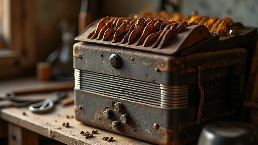 Antique accordion on workbench