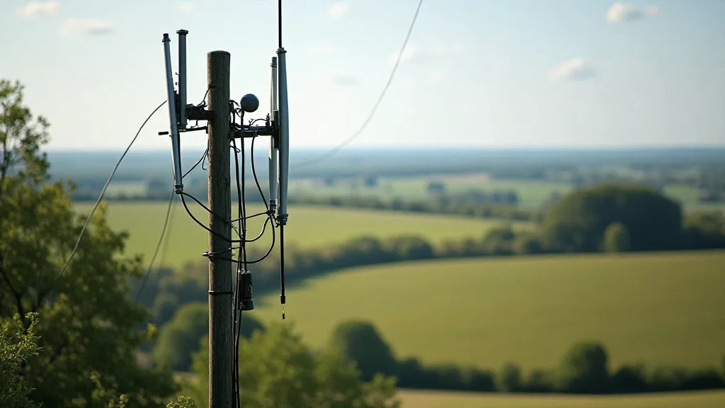 Ham radio antenna in a rural setting.