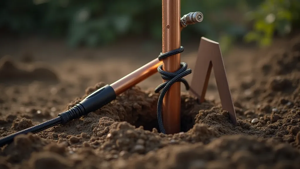 A grounding rod driven into the earth connected to a coaxial cable.