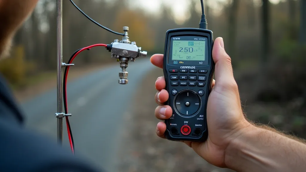 Ham radio operator testing a balun with an SWR meter