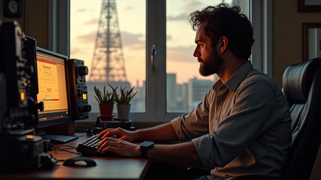 An amateur radio operator working at a station console, with an antenna visible in the background.