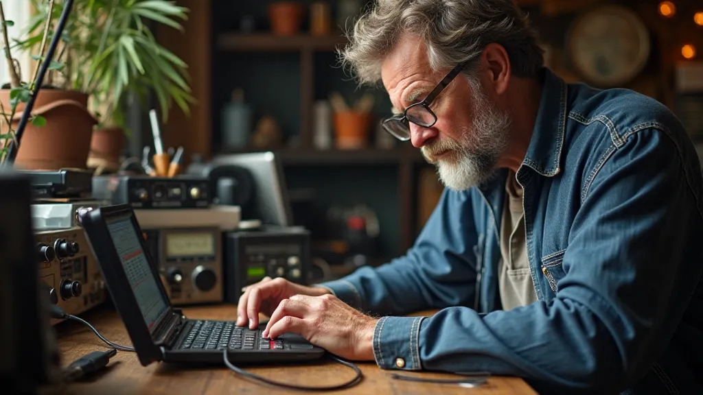 Ham radio operator using an antenna analyzer